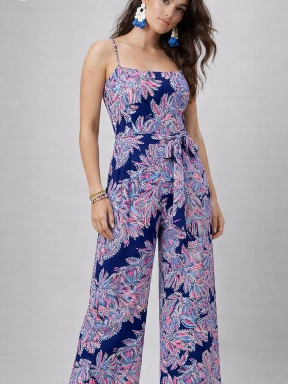 Lilly Pulitzer Navy Blue Spaghetti-Strap Floral Jumpsuit with Pink Accents